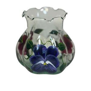 Hand-Painted Floral Glass Vase Fluted Top